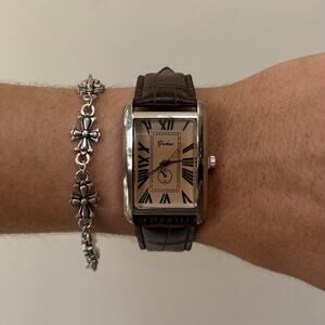 Y2K Silver Brown Leather Quartz Watch with Roman Dial Unisex 8.5" New